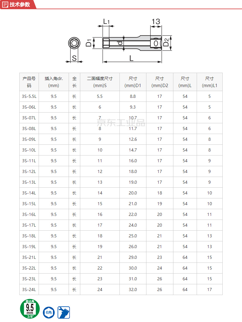 产品类型 六角长套筒 驱动头尺寸 10mm(3/8") 公英制 公制 规格 5.