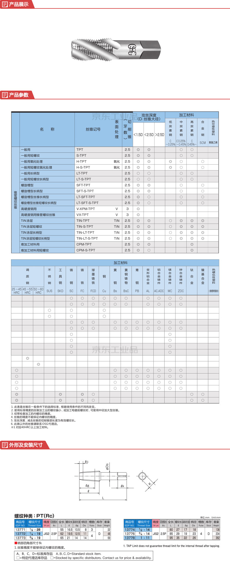 欧士机(osg) 锥管螺旋槽丝锥短螺纹,pt螺纹;sft-s-tpt-pt1/2-14-h-2