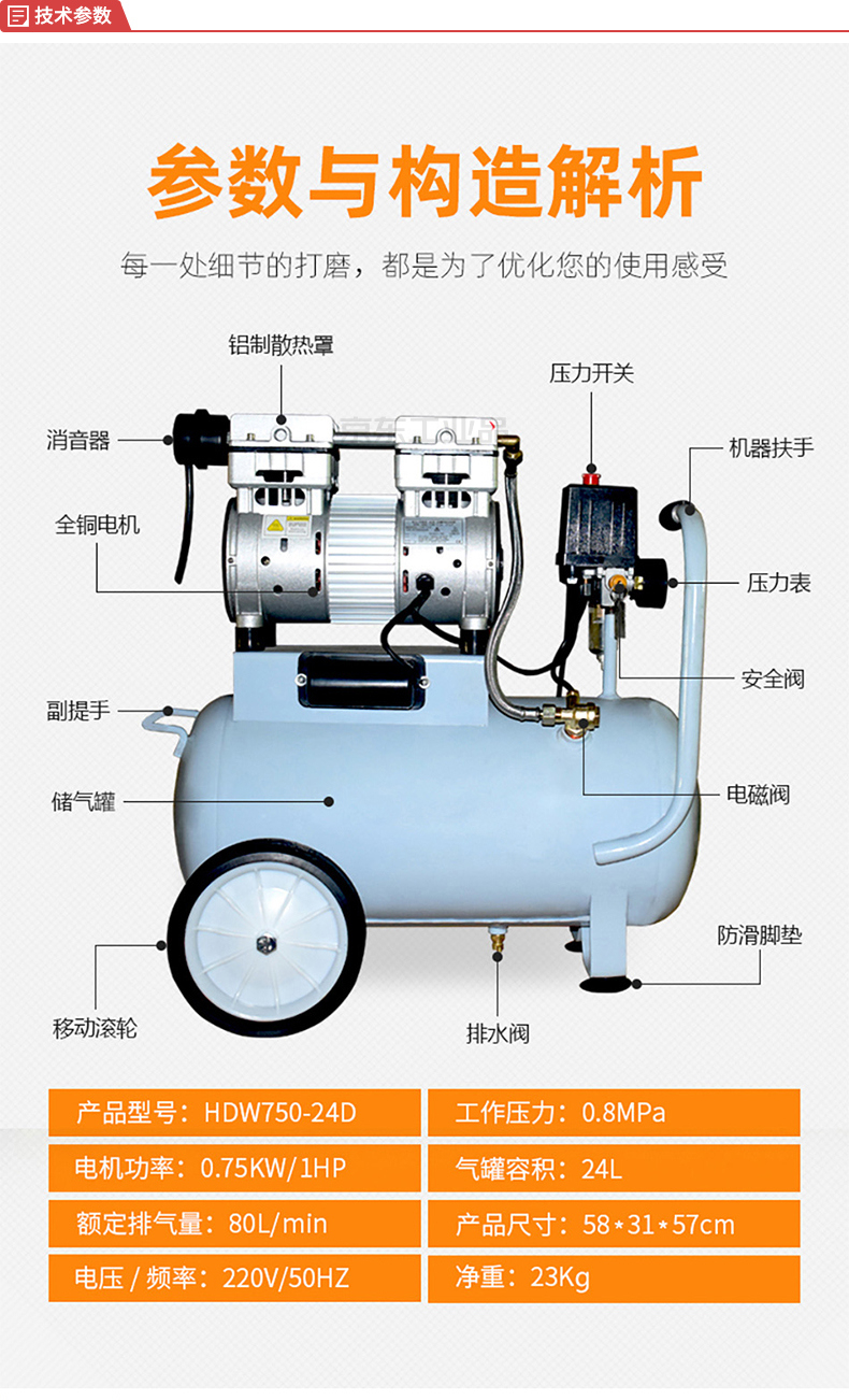 星豹 牙科/实验室用空气压缩机无油静音;hdw750-24d