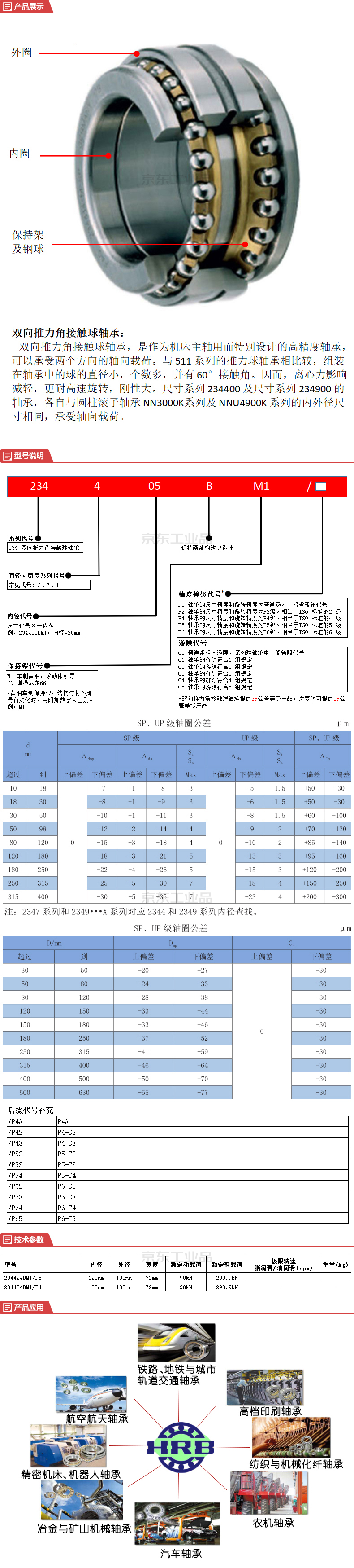 哈轴(hrb) 双向推力角接触球轴承;234424bm1/p5