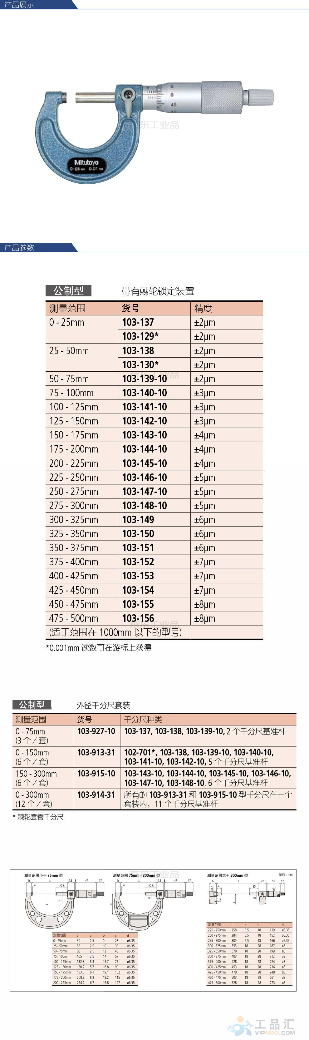 三丰(Mitutoyo) 外径千分尺0-25mm/±2μm;103-137
