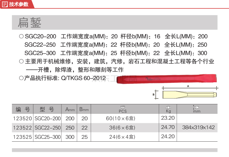 捷科(jetech 扁錾25x300mm,6支/盒,4盒/箱;sgc25-300