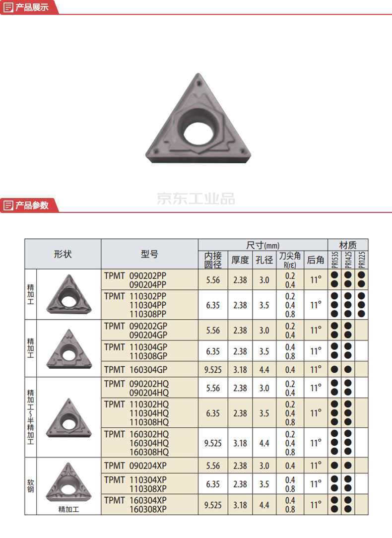 京瓷 正三角形11°后角正角型精,半精加工车削用可转位刀片tpmt(hq)