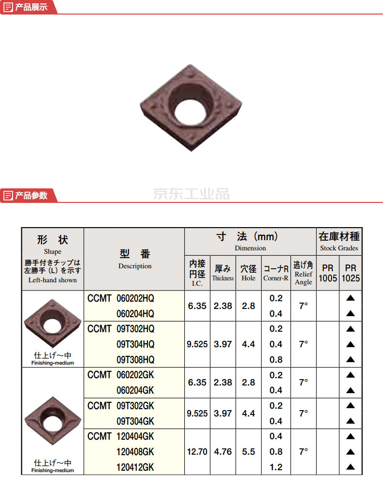 京瓷80°菱形7°后角有孔车削精,半精加工用可转位刀片ccmt-hq;ccmt09