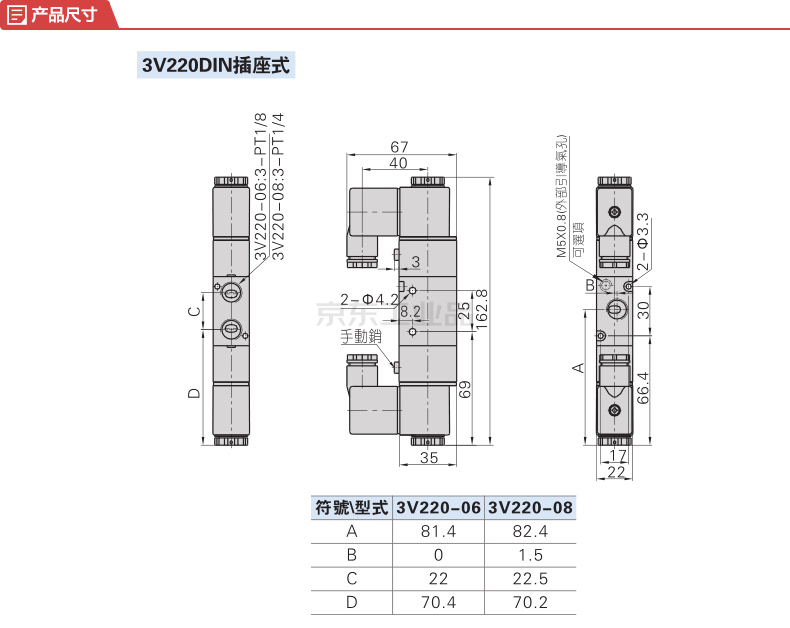 亚德客(AirTAC) 内部先导式电磁阀,2位3通,双电控,DIN插座式;3V22008B