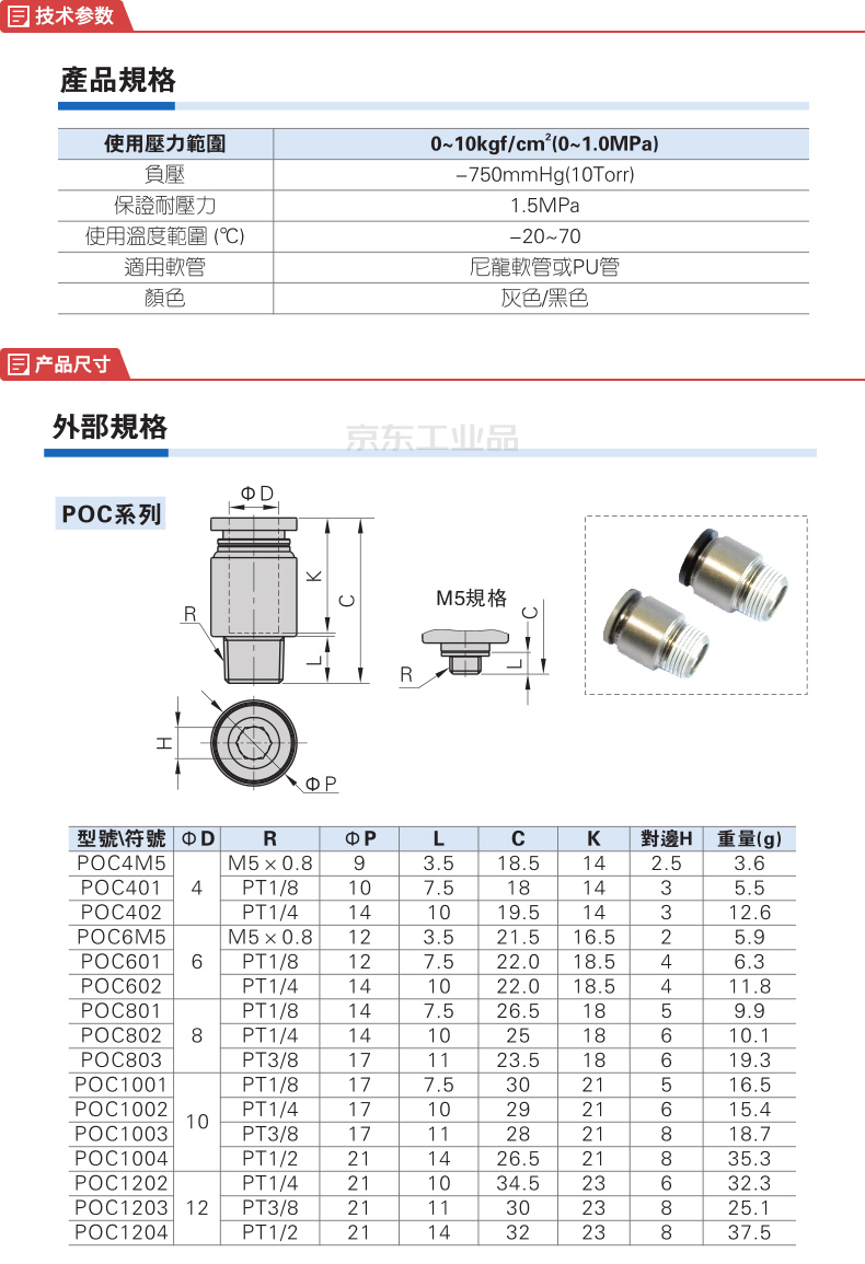 亞德客(airtac) 外螺紋管接頭,圓形直通型【螺紋m5,配管φ4mm】;poc4